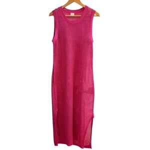 A New Day Hot Pink Metallic Mesh Knit Swim Cover Up Dress Sleeveless Maxi Size L